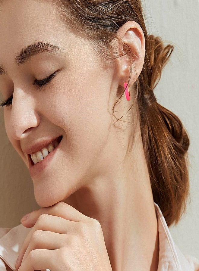 Lourny Small Hoop Enamel Earrings for Women, 18K Gold Plated Colorful Hypoallergenic Cute Cubic Zirconia Huggie Earring Gifts for Women (Neon Pink & Blue) - Image 5
